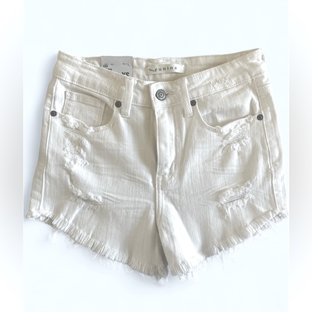 Eunina White Distressed Jean Shorts with Frayed Hem